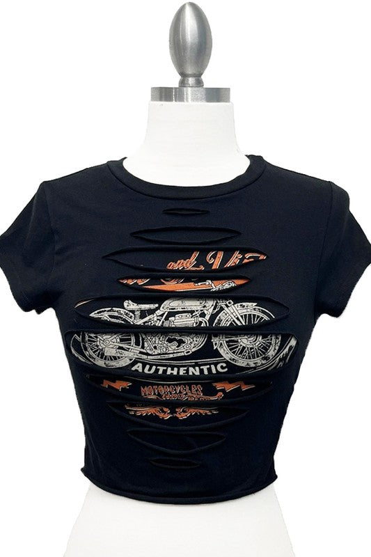 LASER CUT LAYERED MOTORCYCLE GRAPHIC COTTON TOP