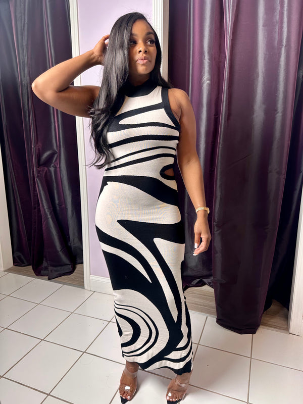 Black and White Swirl Bodycon with side cut out