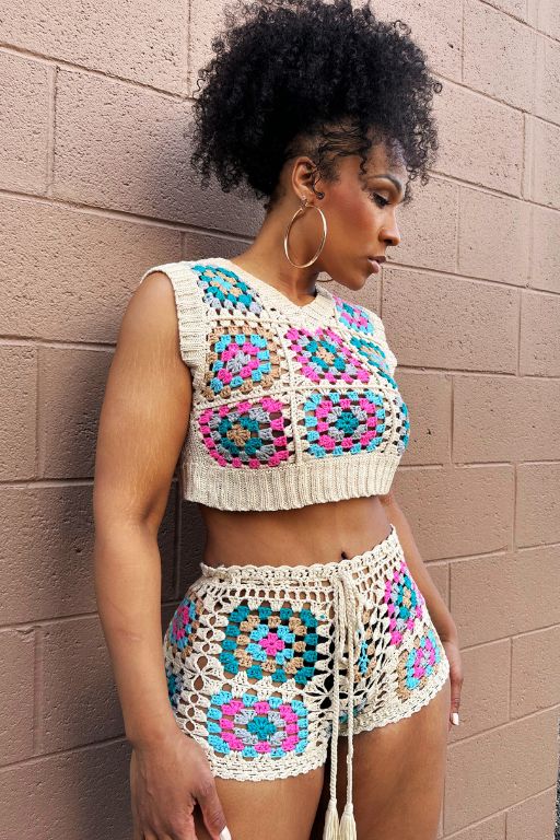Free Spirited | Patchwork Crochet Cropped Top and Short 2pc Set