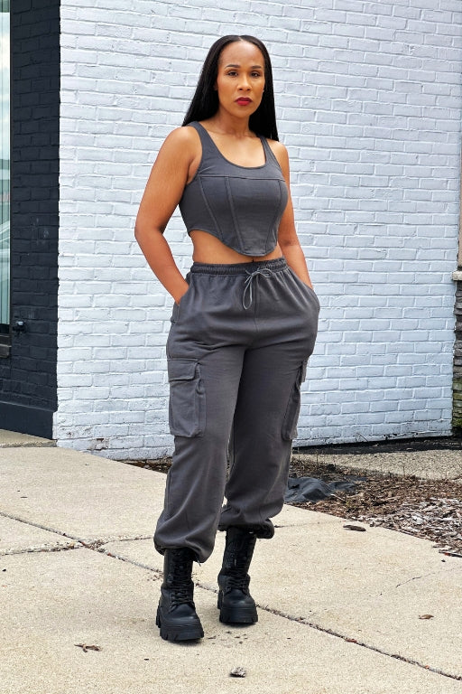 Keep Up Babe | Corset Top and Cargo Joggers 2pc Set