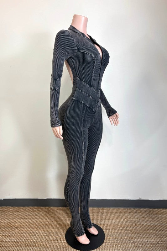 Acid Black Mineral wash open back jumpsuit