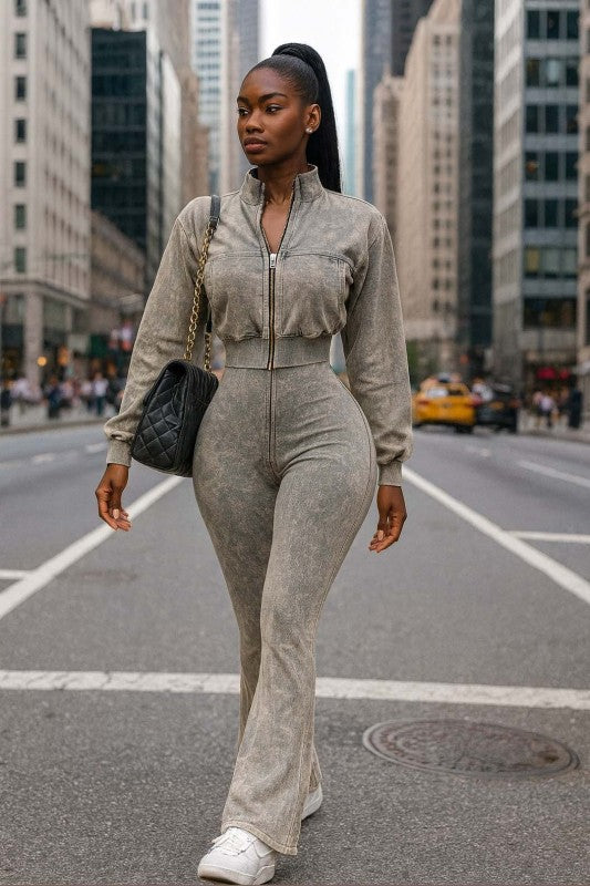 Ash Grey Mineral Wash Zip-up Cropped Jacket & Jumpsuit