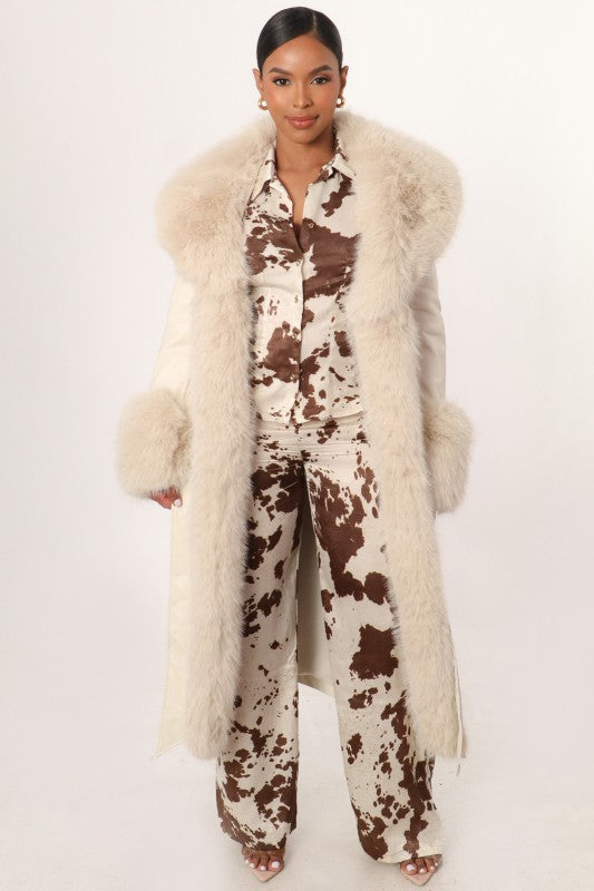 Heavy Fur Trim Faux Leather Waist Tie Coat