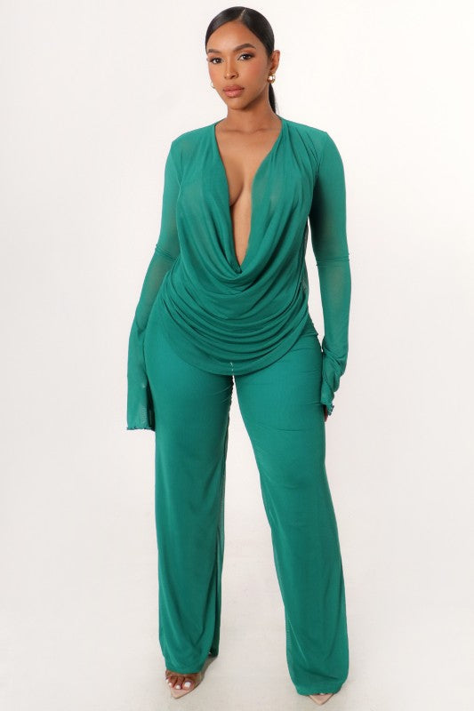 Green Cowl Neck Mesh Top And Straight Leg Pant 2pc Set