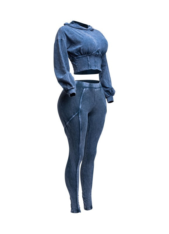 Mineral Washed Hood Top & Leggings Set Dark Blue