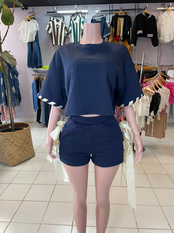 Navy active set with ribbon bow detail