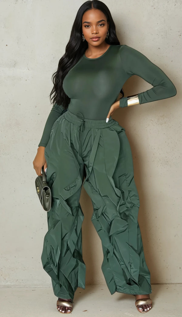 Green Bodysuit Top with Ruffle Trim Baggy Pants
