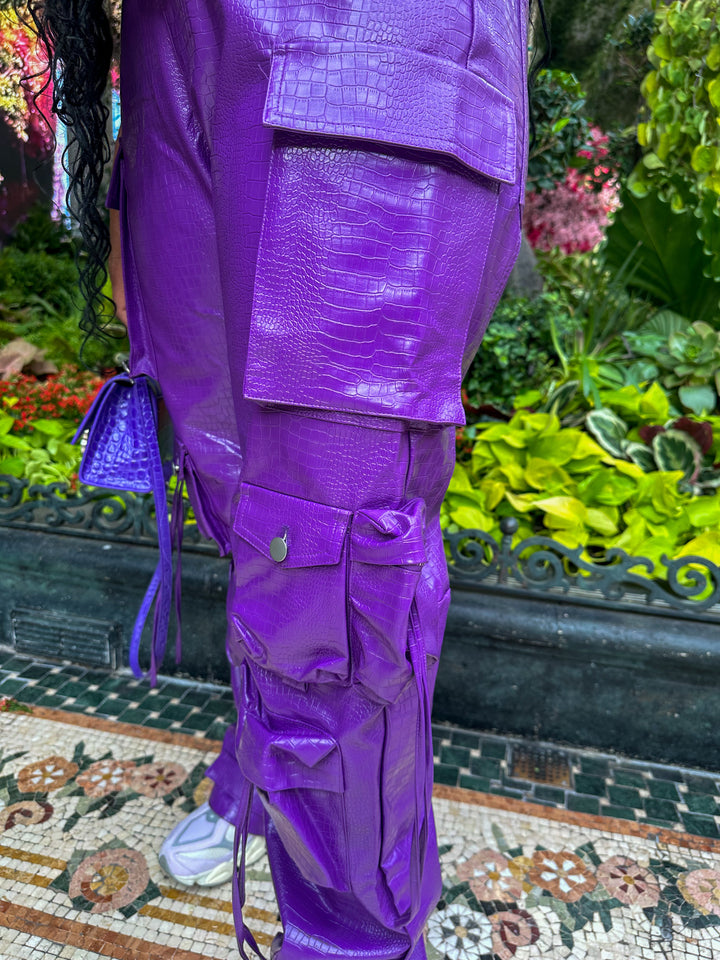 Exotic | Purple Croc High Waist Cargo Pants