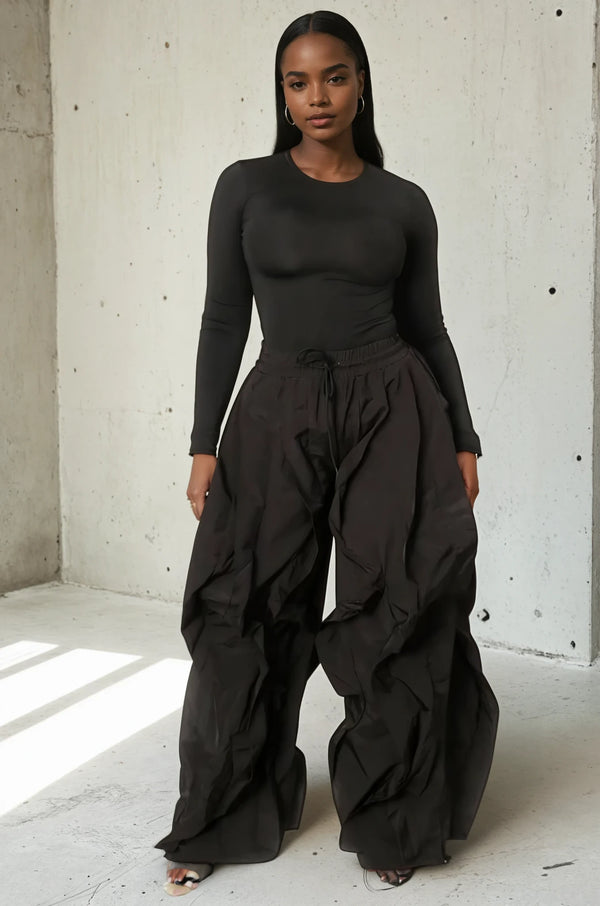 Black Bodysuit Top with Ruffle Trim Baggy Pants