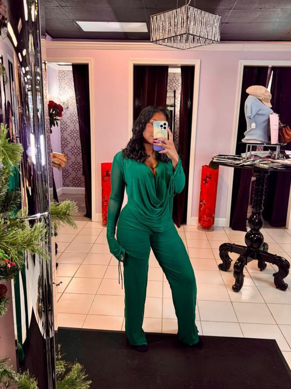 Green Cowl Neck Mesh Top And Straight Leg Pant 2pc Set