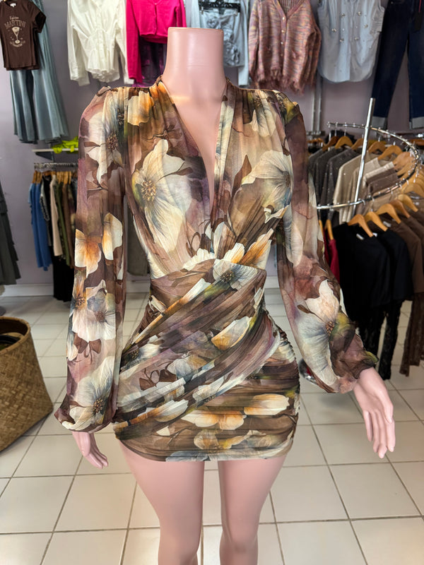 Floral pattern plunge v neck dress