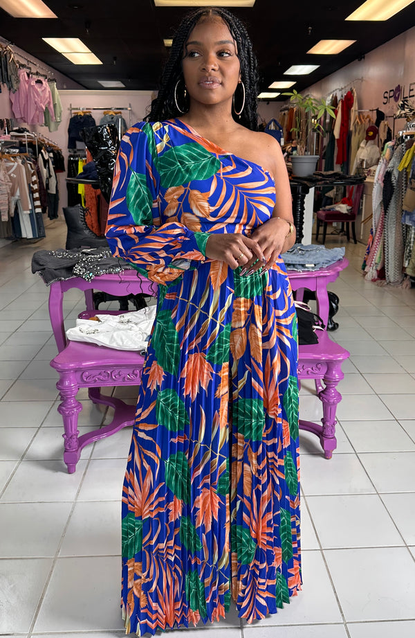 Tropical Pleated One Shoulder Jumpsuit