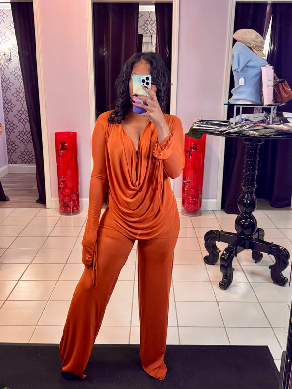 Rust Cowl Neck Mesh Top And Straight Leg Pant 2pc Set
