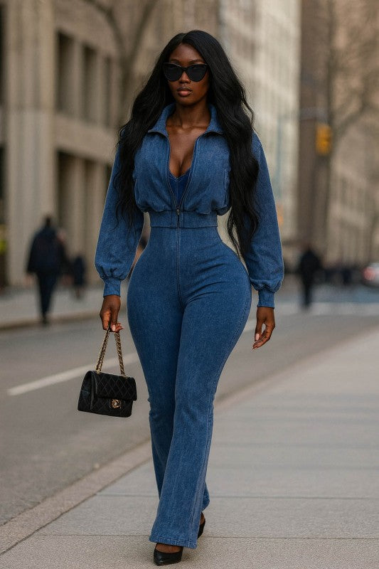 DARK BLUE MINERAL WASH ZIP-UP CROPPED JACKET & JUMPSUIT SET