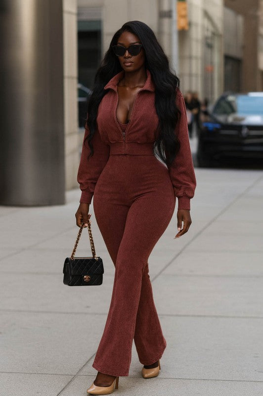 WINE MINERAL WASH ZIP-UP CROPPED JACKET & JUMPSUIT SET
