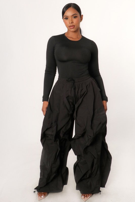 Black Bodysuit Top with Ruffle Trim Baggy Pants