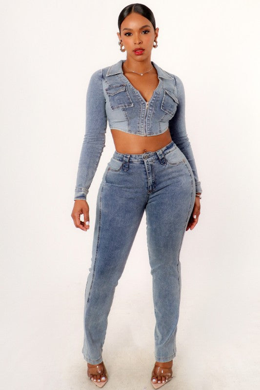 Denim pant and crop set