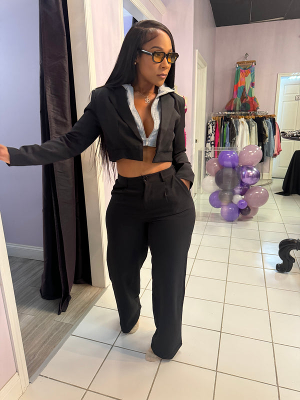 Hoodie crop blazer and wide leg high waist pant