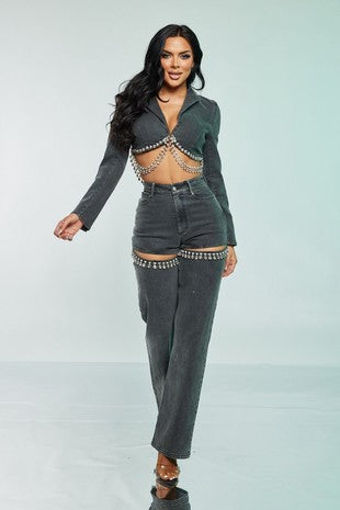 Two Piece Denim Set Rhinestones spandex black