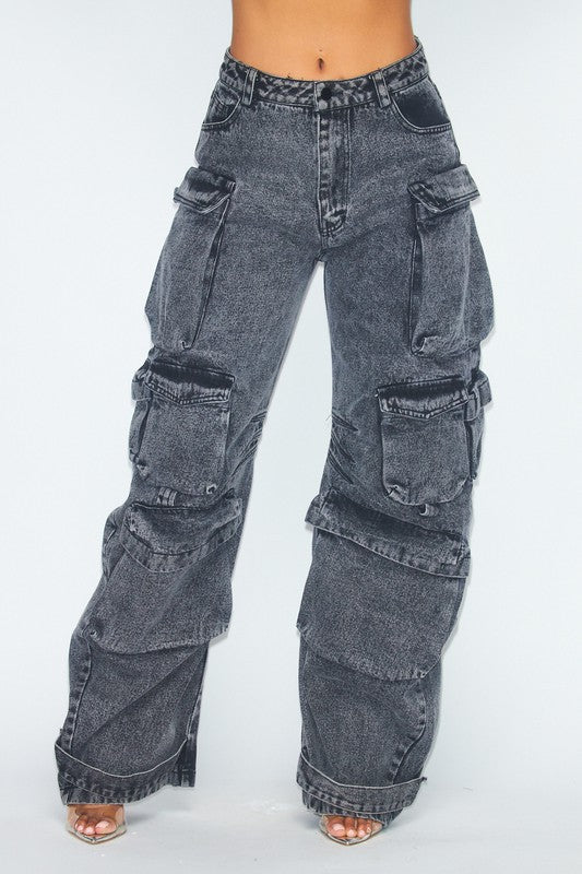 Main Energy | Aged Black Wide Leg Cargo Jeans